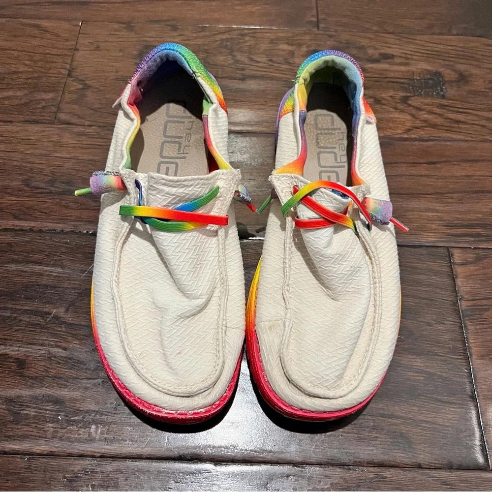 Hey Dude Light Cream Slip-On Shoes with Rainbow Accents